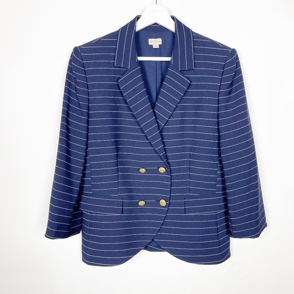 Cremieux Womens BlazerJacket Size 12 Navy White Striped Double breasted Pockets